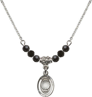18" Rhodium Plated Necklace with 4mm Jet Crystal Beads featuring a Sterling Silver Baptism Medal.