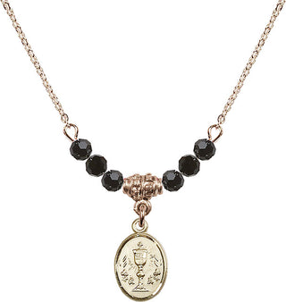 18" Hamilton Gold Plated Necklace with 4mm Jet Crystal Beads featuring a 14kt Gold Filled Chalice Medal.