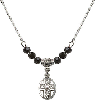 18" Rhodium Plated Necklace with 4mm Jet Crystal Beads featuring a Sterling Silver 5-Way Medal.