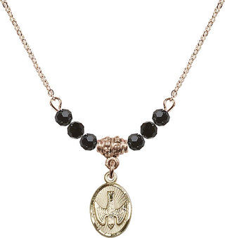 18" Hamilton Gold Plated Necklace with 4mm Jet Crystal Beads featuring a 14kt Gold Filled Holy Spirit Medal.