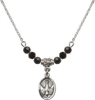 18" Rhodium Plated Necklace with 4mm Jet Crystal Beads featuring a Sterling Silver Holy Spirit Medal.