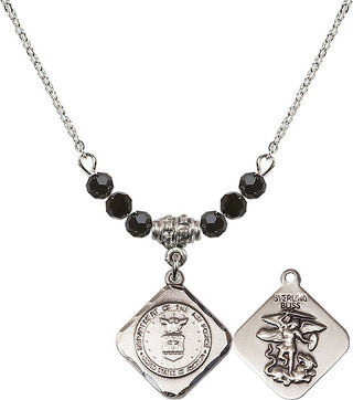 18" Rhodium Plated Necklace with 4mm Jet Crystal Beads featuring a Sterling Silver Air Force Diamond Medal.