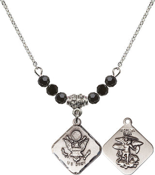 18" Rhodium Plated Necklace with 4mm Jet Crystal Beads featuring a Sterling Silver Army Diamond Medal.
