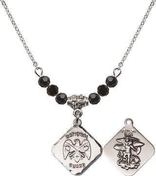 18" Rhodium Plated Necklace with 4mm Jet Crystal Beads featuring a Sterling Silver Nat'l Guard Diamond Medal.