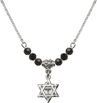18" Rhodium Plated Necklace with 4mm Jet Crystal Beads featuring a Sterling Silver Star of David with Cross Medal.