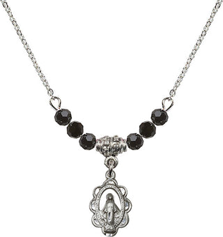 18" Rhodium Plated Necklace with 4mm Jet Crystal Beads featuring a Sterling Silver Miraculous Medal.