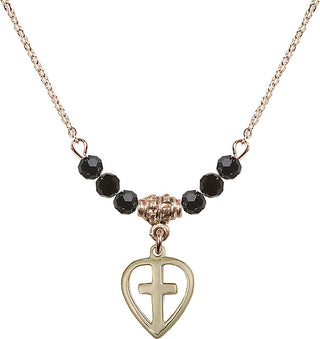 18" Hamilton Gold Plated Necklace with 4mm Jet Crystal Beads featuring a 14kt Gold Filled Heart / Cross Medal.