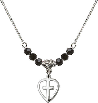 18" Rhodium Plated Necklace with 4mm Jet Crystal Beads featuring a Sterling Silver Heart / Cross Medal.