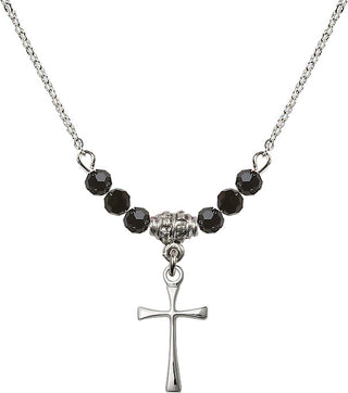 18" Rhodium Plated Necklace with 4mm Jet Crystal Beads featuring a Sterling Silver Maltese Cross Medal.