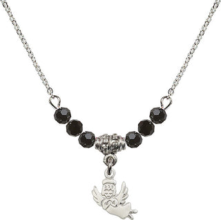 18" Rhodium Plated Necklace with 4mm Jet Crystal Beads featuring a Sterling Silver Guardian Angel Medal.