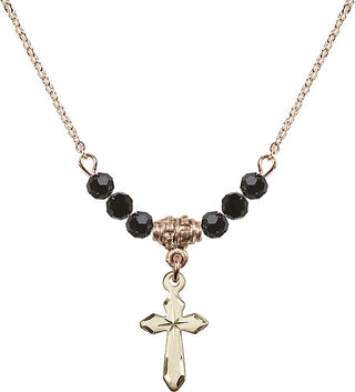 18" Hamilton Gold Plated Necklace with 4mm Jet Crystal Beads featuring a 14kt Gold Filled Cross Medal.