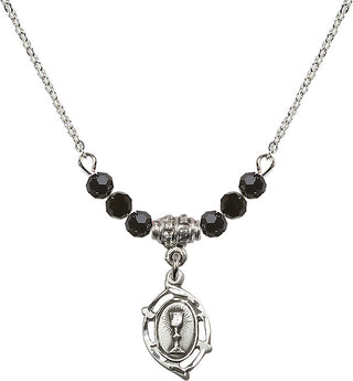 18" Rhodium Plated Necklace with 4mm Jet Crystal Beads featuring a Sterling Silver Communion Medal.