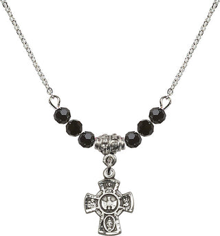 18" Rhodium Plated Necklace with 4mm Jet Crystal Beads featuring a Sterling Silver 5-Way Medal.