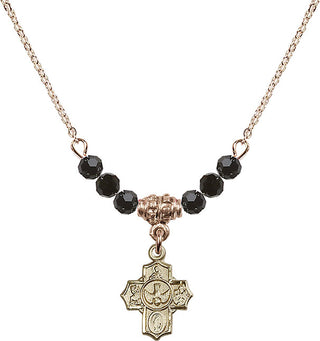 18" Hamilton Gold Plated Necklace with 4mm Jet Crystal Beads featuring a 14kt Gold Filled 5-Way Medal.