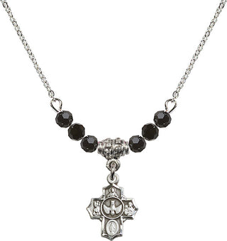 18" Rhodium Plated Necklace with 4mm Jet Crystal Beads featuring a Sterling Silver 5-Way Medal.