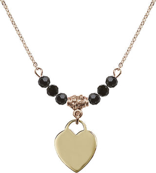 18" Hamilton Gold Plated Necklace with 4mm Jet Crystal Beads featuring a 14kt Gold Filled Heart Medal. Engraved Catholic Saint Jewelry