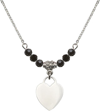 18" Rhodium Plated Necklace with 4mm Jet Crystal Beads featuring a Sterling Silver Heart Medal. Engraved Catholic Saint Jewelry