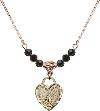 18" Hamilton Gold Plated Necklace with 4mm Jet Crystal Beads featuring a 14kt Gold Filled Miraculous Heart Medal. Engraved Catholic Saint Jewelry