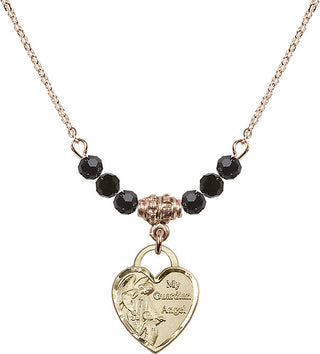 18" Hamilton Gold Plated Necklace with 4mm Jet Crystal Beads featuring a 14kt Gold Filled Guardian Angel Heart Medal. Engraved Catholic Saint Jewelry