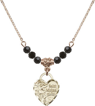 18" Hamilton Gold Plated Necklace with 4mm Jet Crystal Beads featuring a 14kt Gold Filled Saint Michael Heart Medal. Engraved Catholic Saint Jewelry