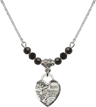 18" Rhodium Plated Necklace with 4mm Jet Crystal Beads featuring a Sterling Silver Saint Michael Heart Medal. Engraved Catholic Saint Jewelry