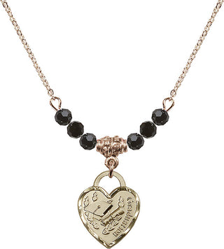 18" Hamilton Gold Plated Necklace with 4mm Jet Crystal Beads featuring a 14kt Gold Filled Graduation Heart Medal. Engraved Catholic Saint Jewelry