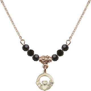 18" Hamilton Gold Plated Necklace with 4mm Jet Crystal Beads featuring a 14kt Gold Filled Claddagh Medal.