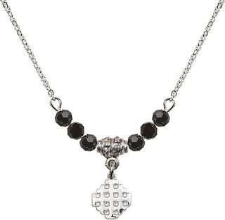 18" Rhodium Plated Necklace with 4mm Jet Crystal Beads featuring a Sterling Silver Jerusalem Cross Medal.