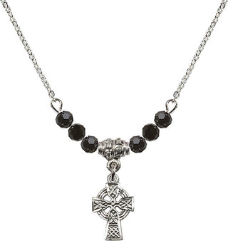 18" Rhodium Plated Necklace with 4mm Jet Crystal Beads featuring a Sterling Silver Celtic Cross Medal.