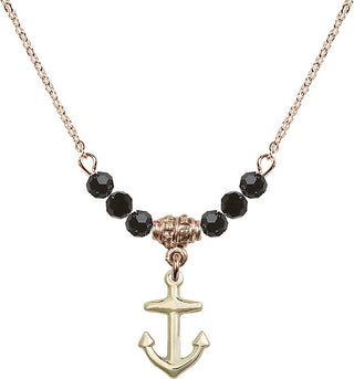 18" Hamilton Gold Plated Necklace with 4mm Jet Crystal Beads featuring a 14kt Gold Filled Anchor Medal.