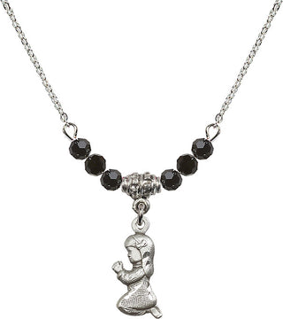 18" Rhodium Plated Necklace with 4mm Jet Crystal Beads featuring a Sterling Silver Praying Girl Medal.