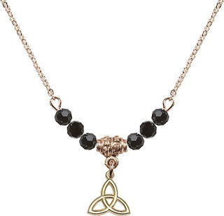 18" Hamilton Gold Plated Necklace with 4mm Jet Crystal Beads featuring a 14kt Gold Filled Trinity Irish Knot Medal.