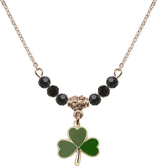 18" Hamilton Gold Plated Necklace with 4mm Jet Crystal Beads featuring a 14kt Gold Filled Shamrock Medal.