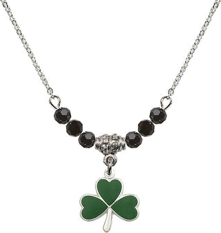 18" Rhodium Plated Necklace with 4mm Jet Crystal Beads featuring a Sterling Silver Shamrock Medal.