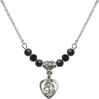 18" Rhodium Plated Necklace with 4mm Jet Crystal Beads featuring a Sterling Silver Saint Jude Medal. Engraved Catholic Saint Jewelry