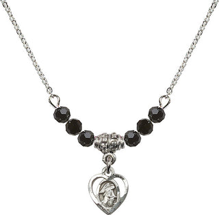 18" Rhodium Plated Necklace with 4mm Jet Crystal Beads featuring a Sterling Silver Guardian Angel Medal. Engraved Catholic Saint Jewelry