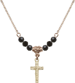 18" Hamilton Gold Plated Necklace with 4mm Jet Crystal Beads featuring a 14kt Gold Filled Crucifix Medal.