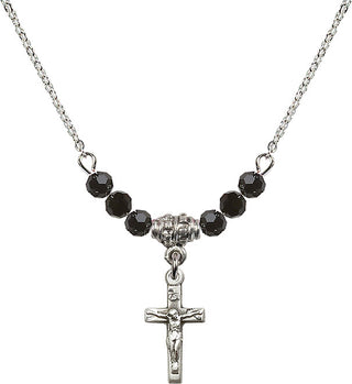 18" Rhodium Plated Necklace with 4mm Jet Crystal Beads featuring a Sterling Silver Crucifix Medal.