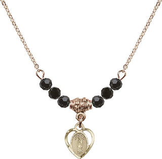 18" Hamilton Gold Plated Necklace with 4mm Jet Crystal Beads featuring a 14kt Gold Filled Our Lady of Guadalupe Medal.