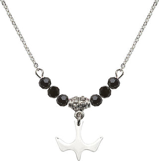 18" Rhodium Plated Necklace with 4mm Jet Crystal Beads featuring a Sterling Silver Holy Spirit Medal.