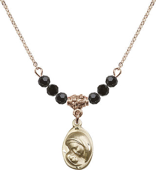 18" Hamilton Gold Plated Necklace with 4mm Jet Crystal Beads featuring a 14kt Gold Filled Madonna & Child Medal.