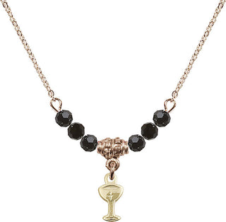 18" Hamilton Gold Plated Necklace with 4mm Jet Crystal Beads featuring a 14kt Gold Filled Chalice Medal.