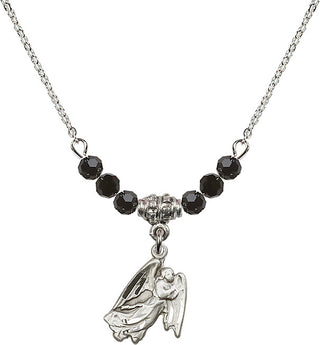 18" Rhodium Plated Necklace with 4mm Jet Crystal Beads featuring a Sterling Silver Guardian Angel Medal.