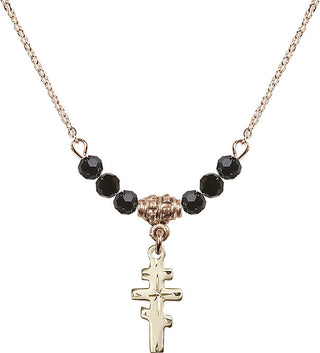 18" Hamilton Gold Plated Necklace with 4mm Jet Crystal Beads featuring a 14kt Gold Filled Greek Orthadox Cross Medal.