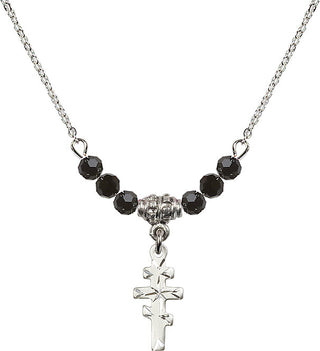 18" Rhodium Plated Necklace with 4mm Jet Crystal Beads featuring a Sterling Silver Greek Orthadox Cross Medal.