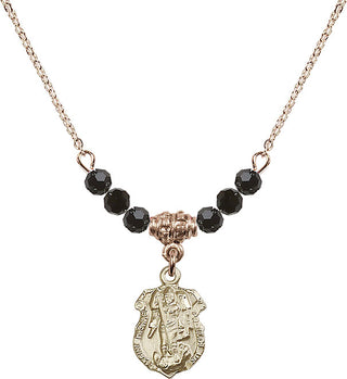 18" Hamilton Gold Plated Necklace with 4mm Jet Crystal Beads featuring a 14kt Gold Filled Saint Michael the Archangel Medal. Engraved Catholic Saint Jewelry