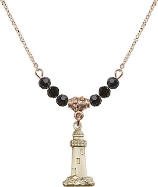 18" Hamilton Gold Plated Necklace with 4mm Jet Crystal Beads featuring a 14kt Gold Filled Lighthouse Medal.