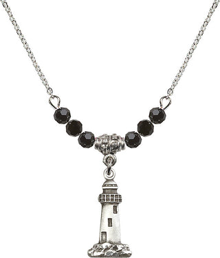 18" Rhodium Plated Necklace with 4mm Jet Crystal Beads featuring a Sterling Silver Lighthouse Medal.