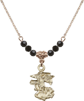 18" Hamilton Gold Plated Necklace with 4mm Jet Crystal Beads featuring a 14kt Gold Filled Saint Michael the Archangel Medal.