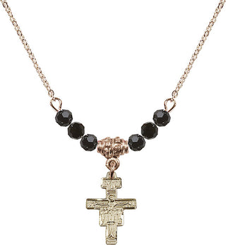 18" Hamilton Gold Plated Necklace with 4mm Jet Crystal Beads featuring a 14kt Gold Filled San Damiano Crucifix Medal.
